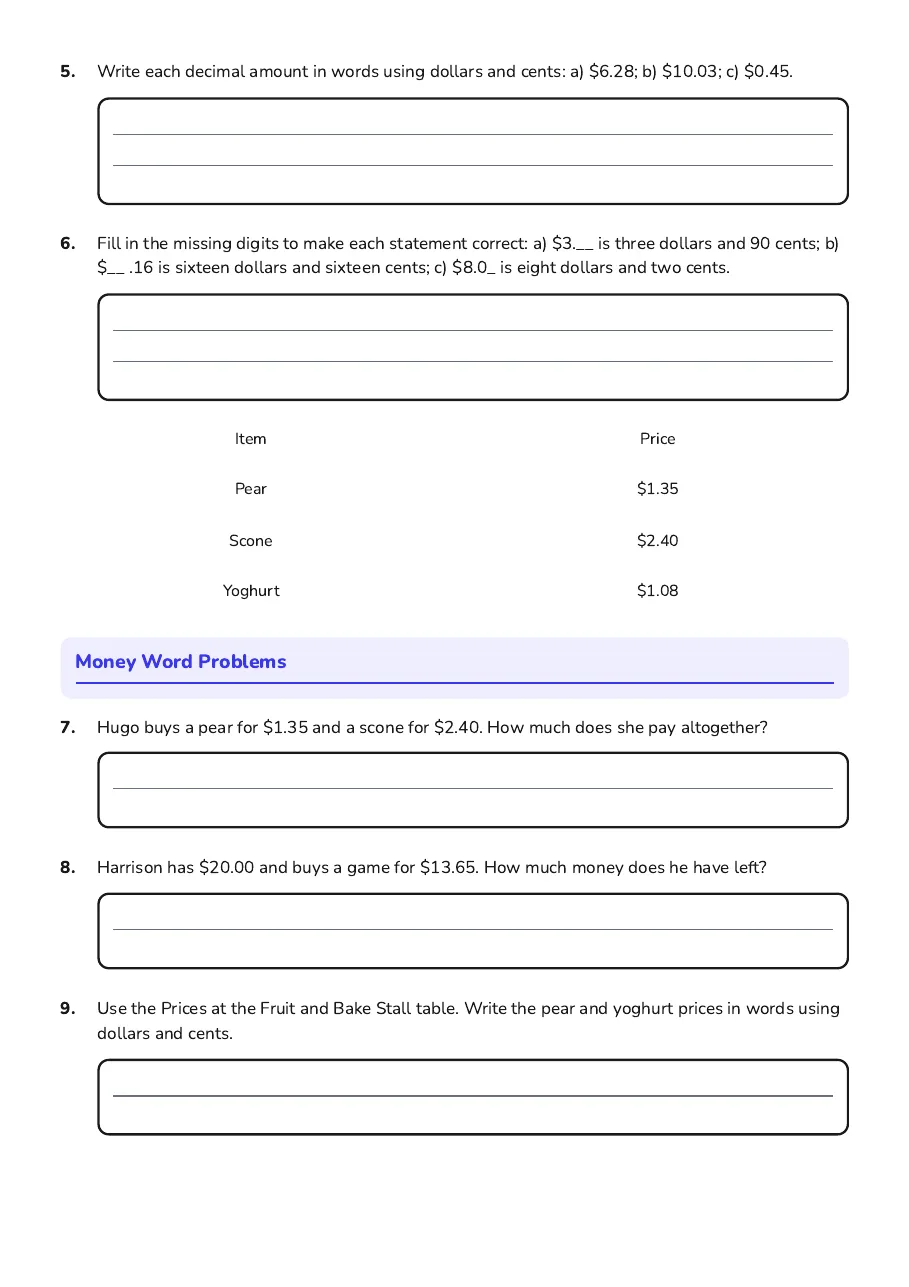 Money Decimals Worksheet, page 2 of 3: Money Word Problems