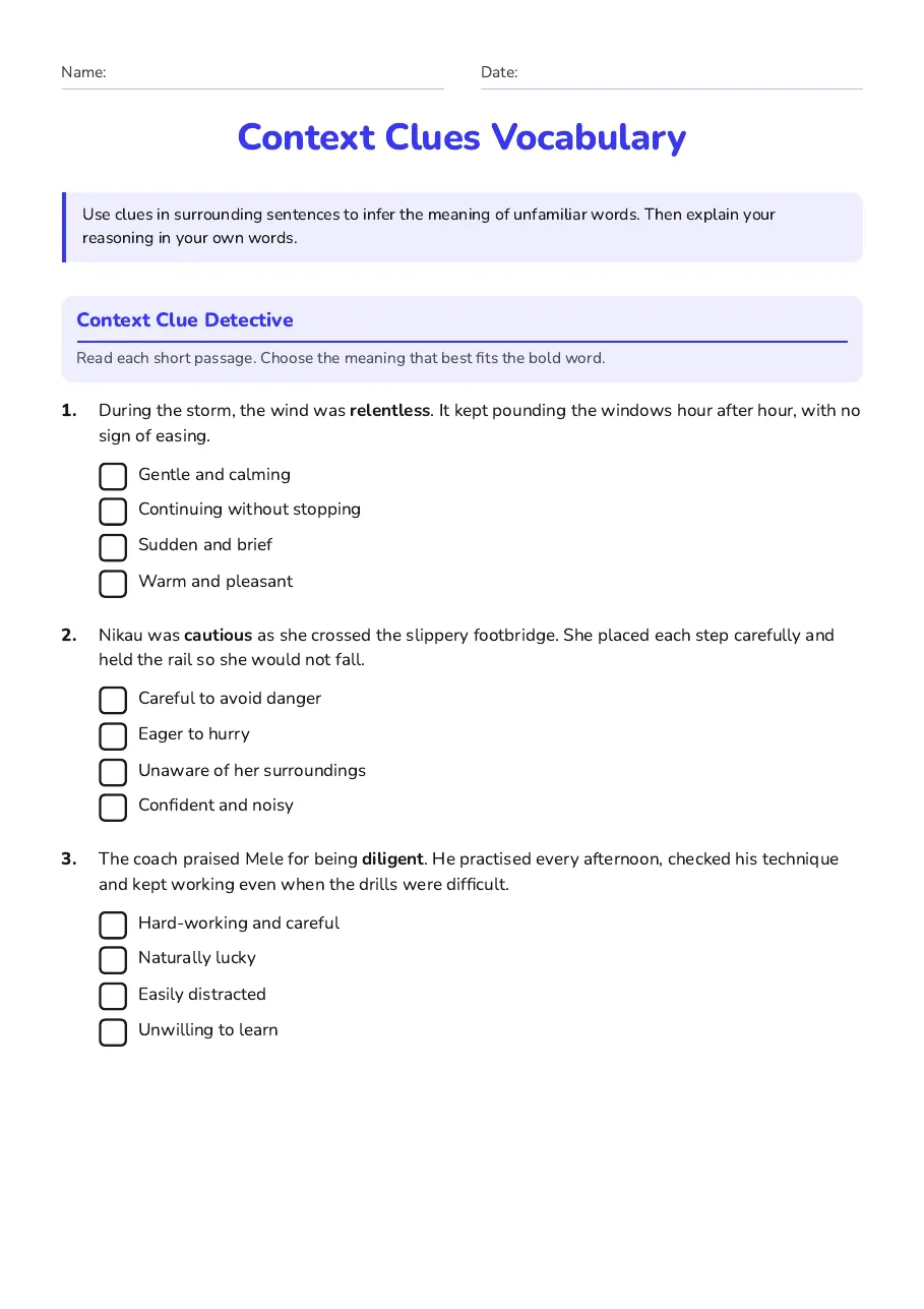 Context Clues Vocabulary, page 1 of 2: Context Clue Detective