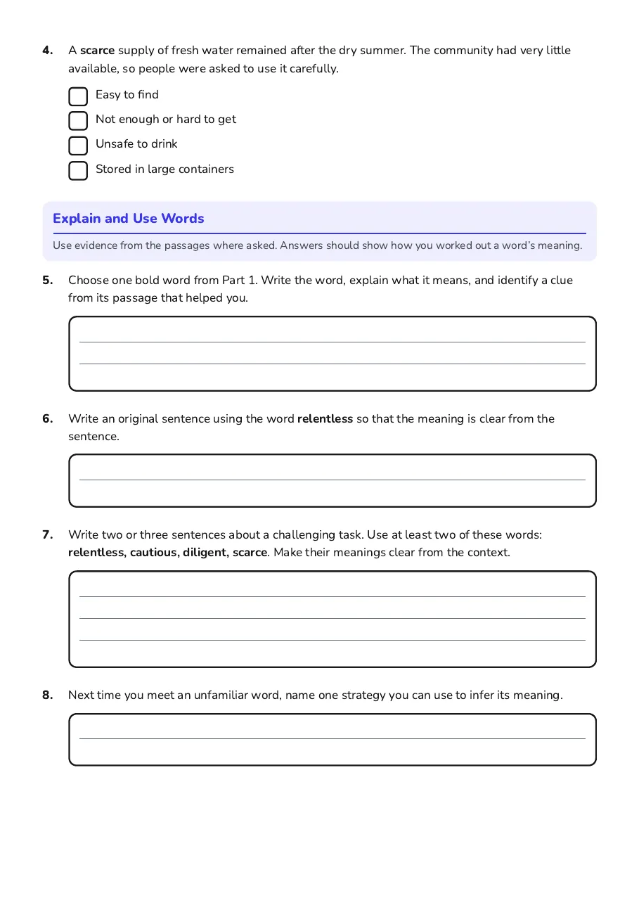 Context Clues Vocabulary, page 2 of 2: Explain and Use Words