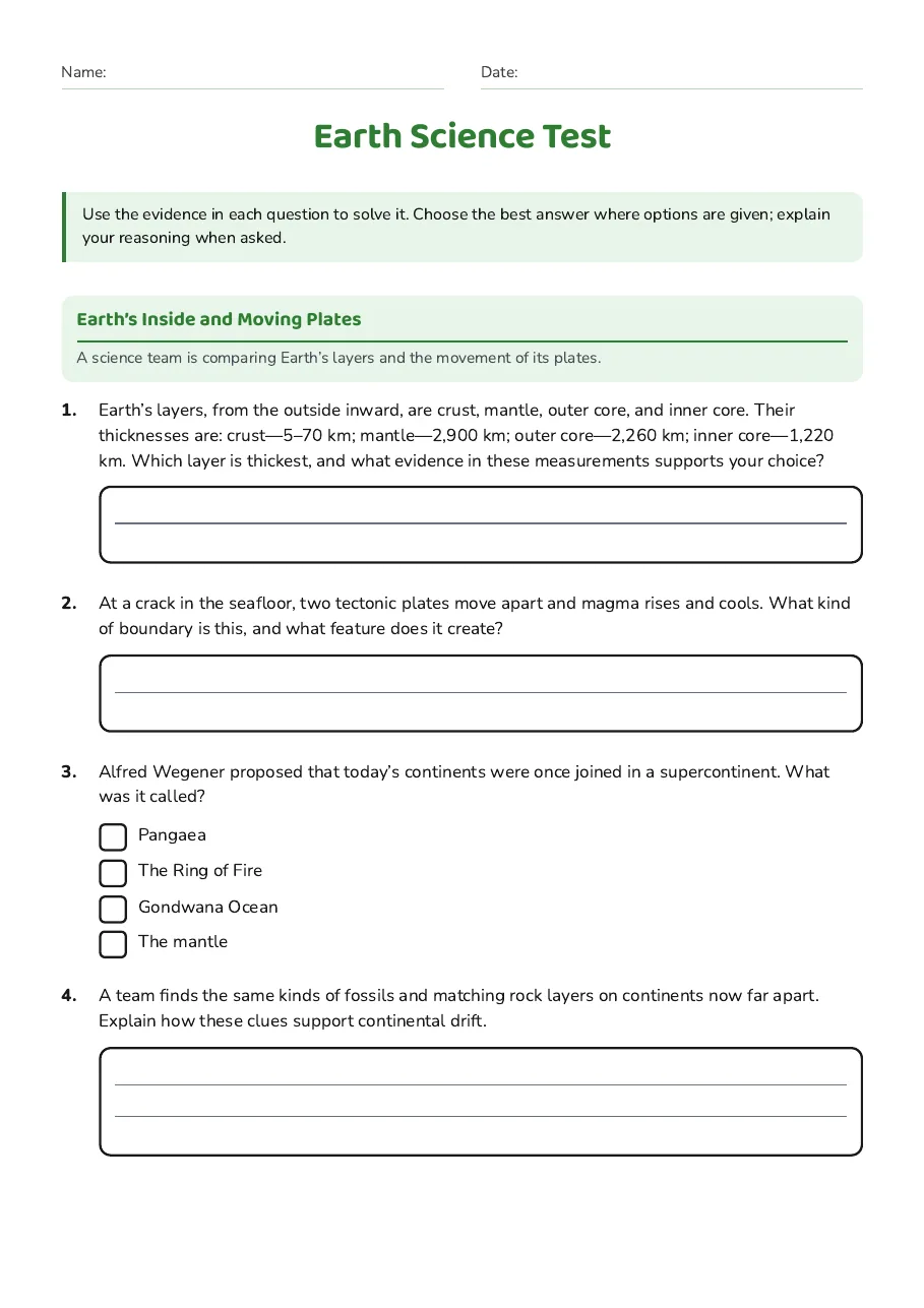 Earth Science Test, page 1 of 3: Earth’s Inside and Moving Plates