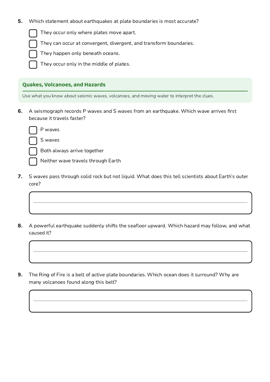 Earth Science Test, page 2 of 3: Quakes, Volcanoes, and Hazards
