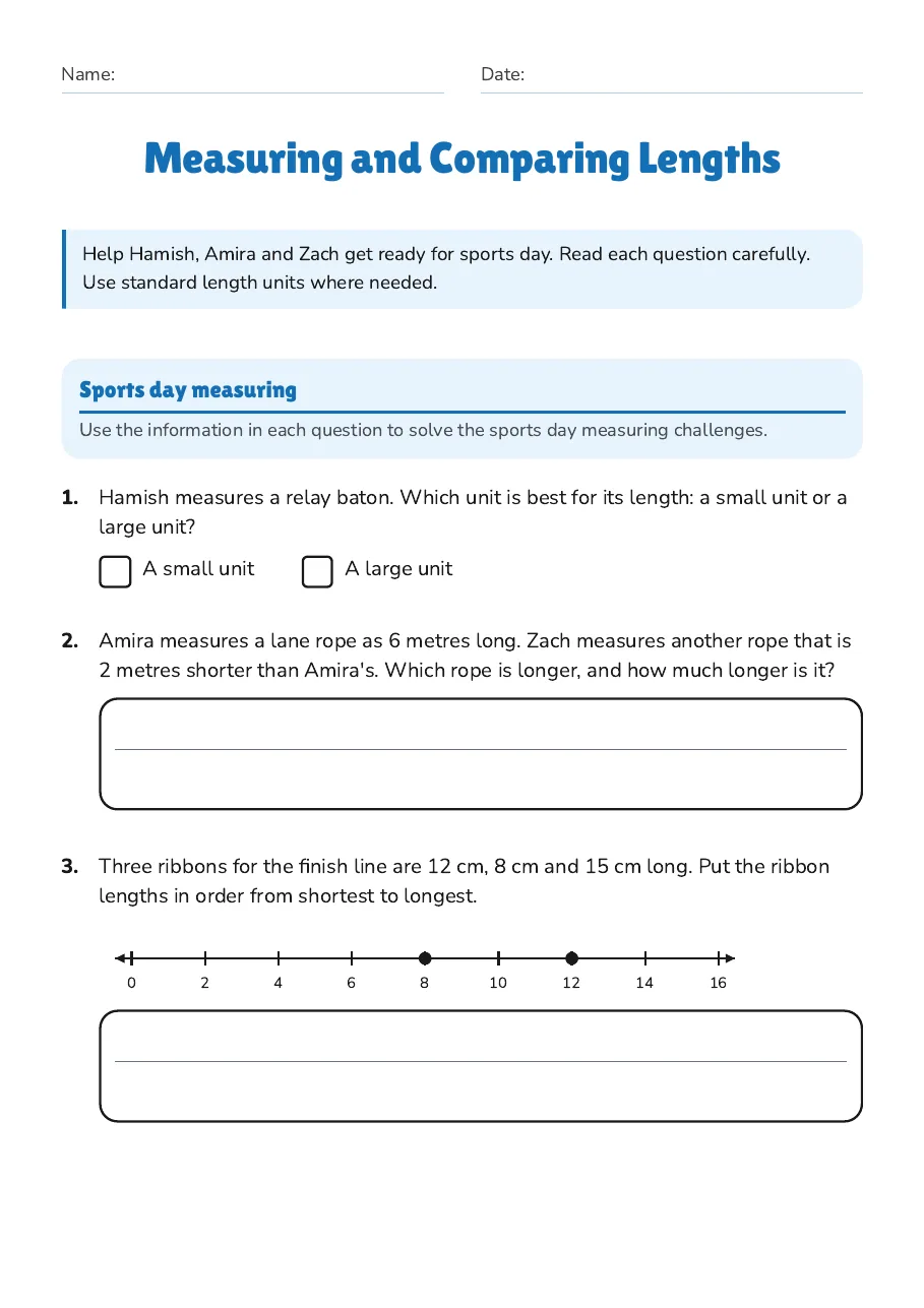 Measuring and Comparing Lengths, page 1 of 3: Sports day measuring