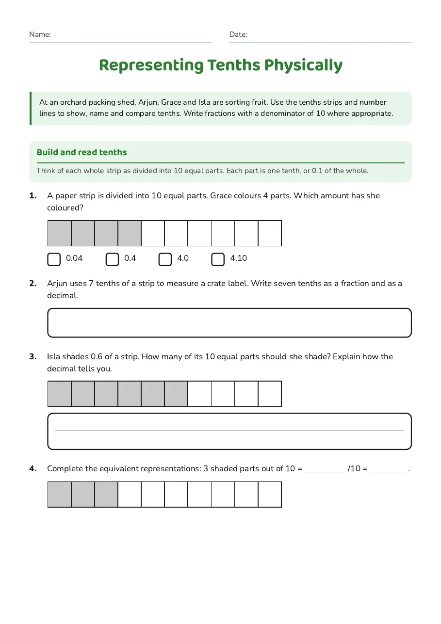 Representing Tenths Physically, page 1 of 3: Build and read tenths