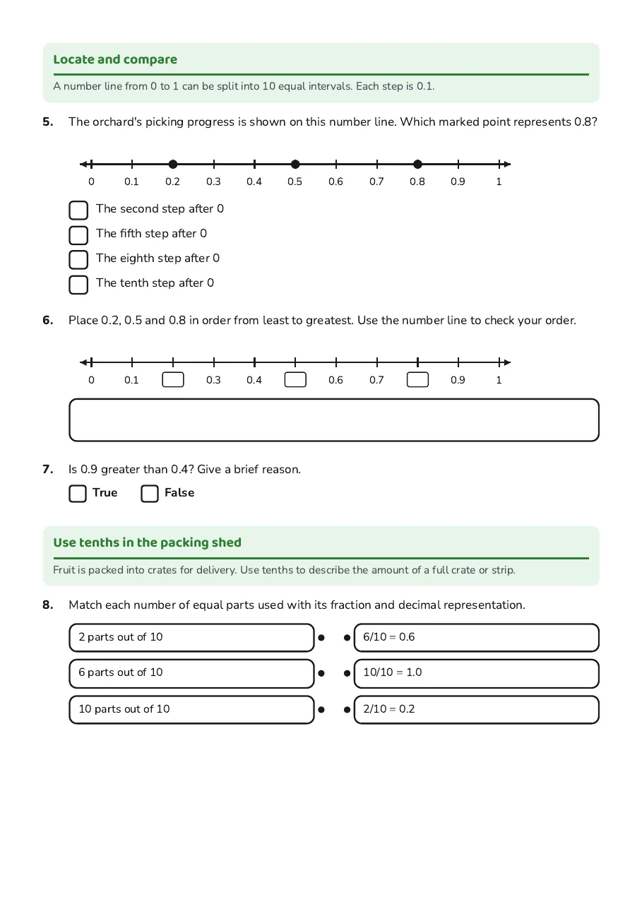 Representing Tenths Physically, page 2 of 3: Locate and compare, Use tenths in the packing shed