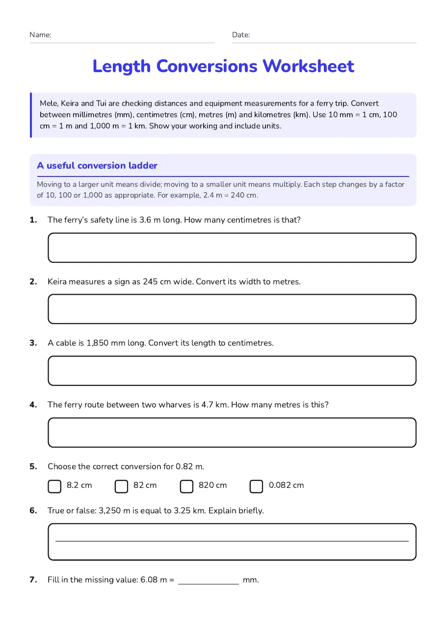 Length Conversions Worksheet, page 1 of 2: A useful conversion ladder