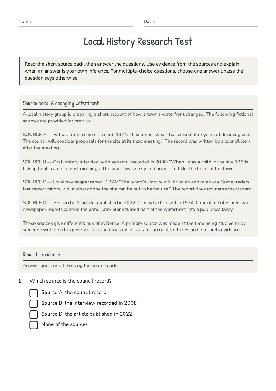 Local History Research Test, page 1 of 3: Source pack: A changing waterfront, Read the evidence