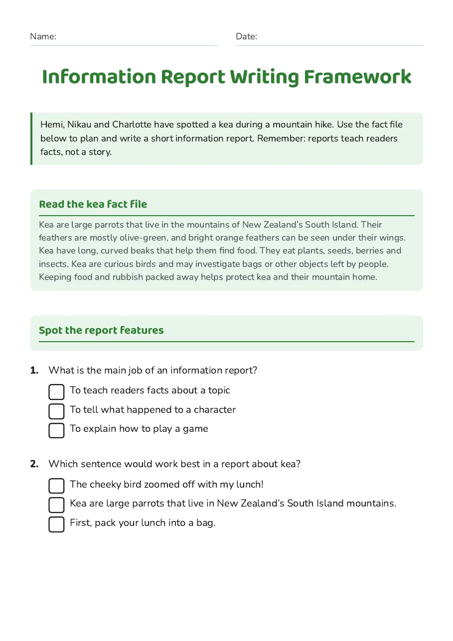 Information Report Writing Framework, page 1 of 4: Read the kea fact file, Spot the report features