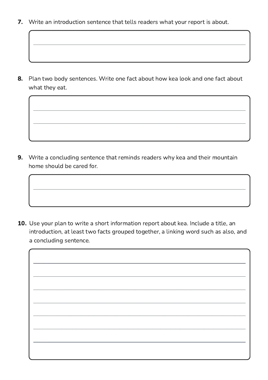 Information Report Writing Framework, page 3 of 4: 7. Write an introduction sentence that tells readers what your report is about.