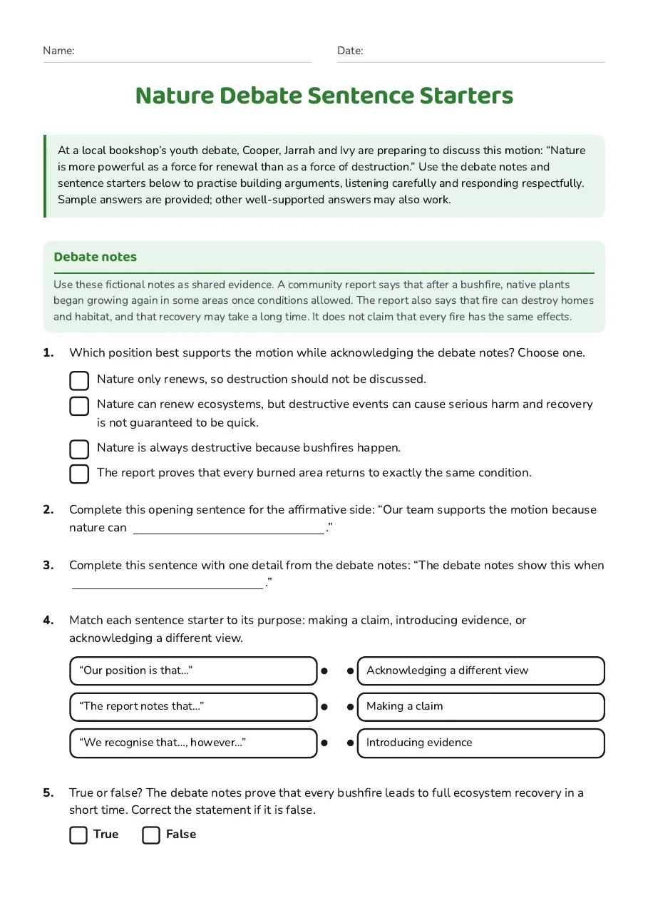 Nature Debate Sentence Starters, page 1 of 3: Debate notes