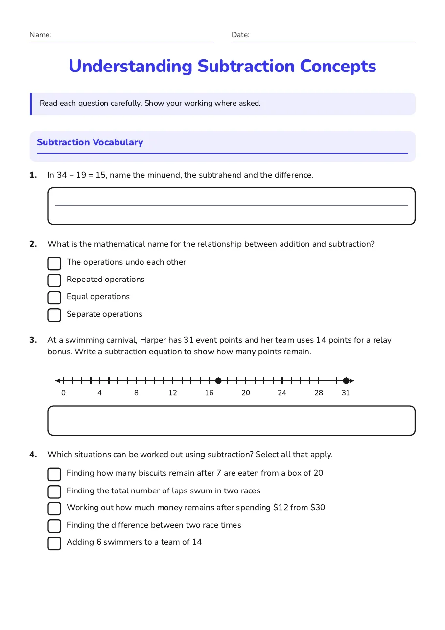 Understanding Subtraction Concepts, page 1 of 3: Subtraction Vocabulary