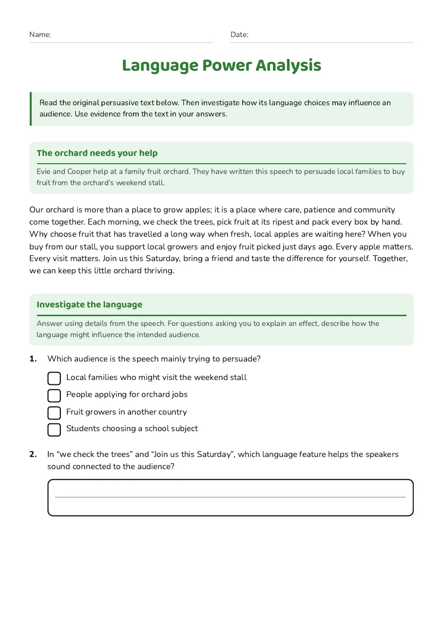 Language Power Analysis, page 1 of 3: The orchard needs your help, Investigate the language