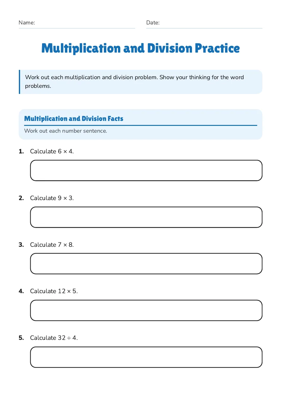 Multiplication and Division Practice, page 1 of 4: Multiplication and Division Facts