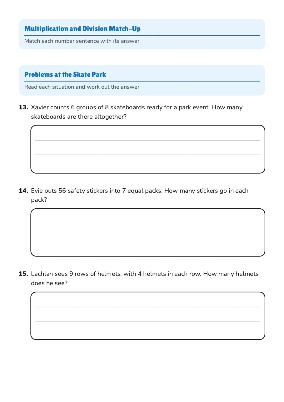 Multiplication and Division Practice, page 3 of 4: Multiplication and Division Match-Up, Problems at the Skate Park