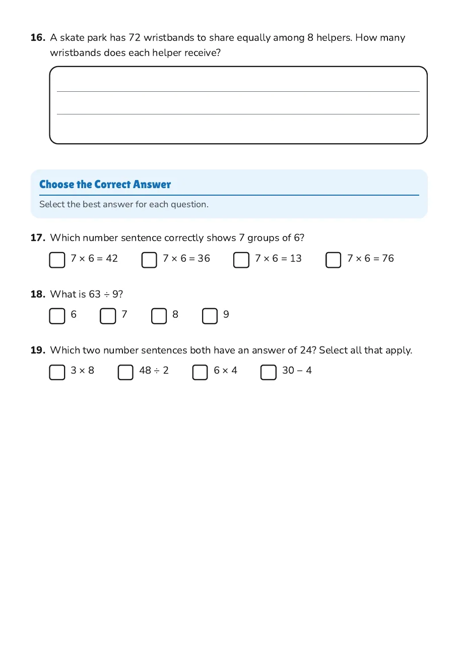 Multiplication and Division Practice, page 4 of 4: Choose the Correct Answer