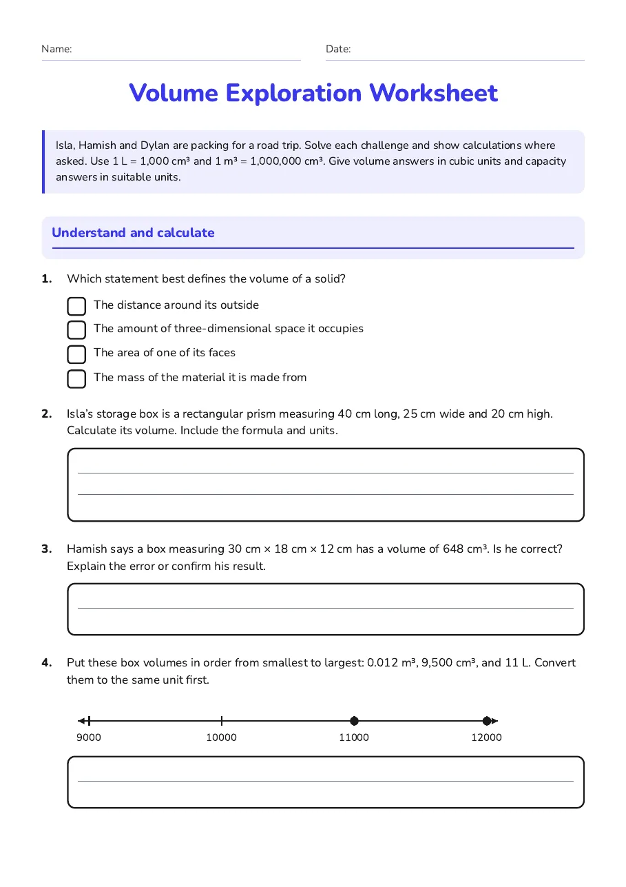 Volume Exploration Worksheet, page 1 of 2: Understand and calculate