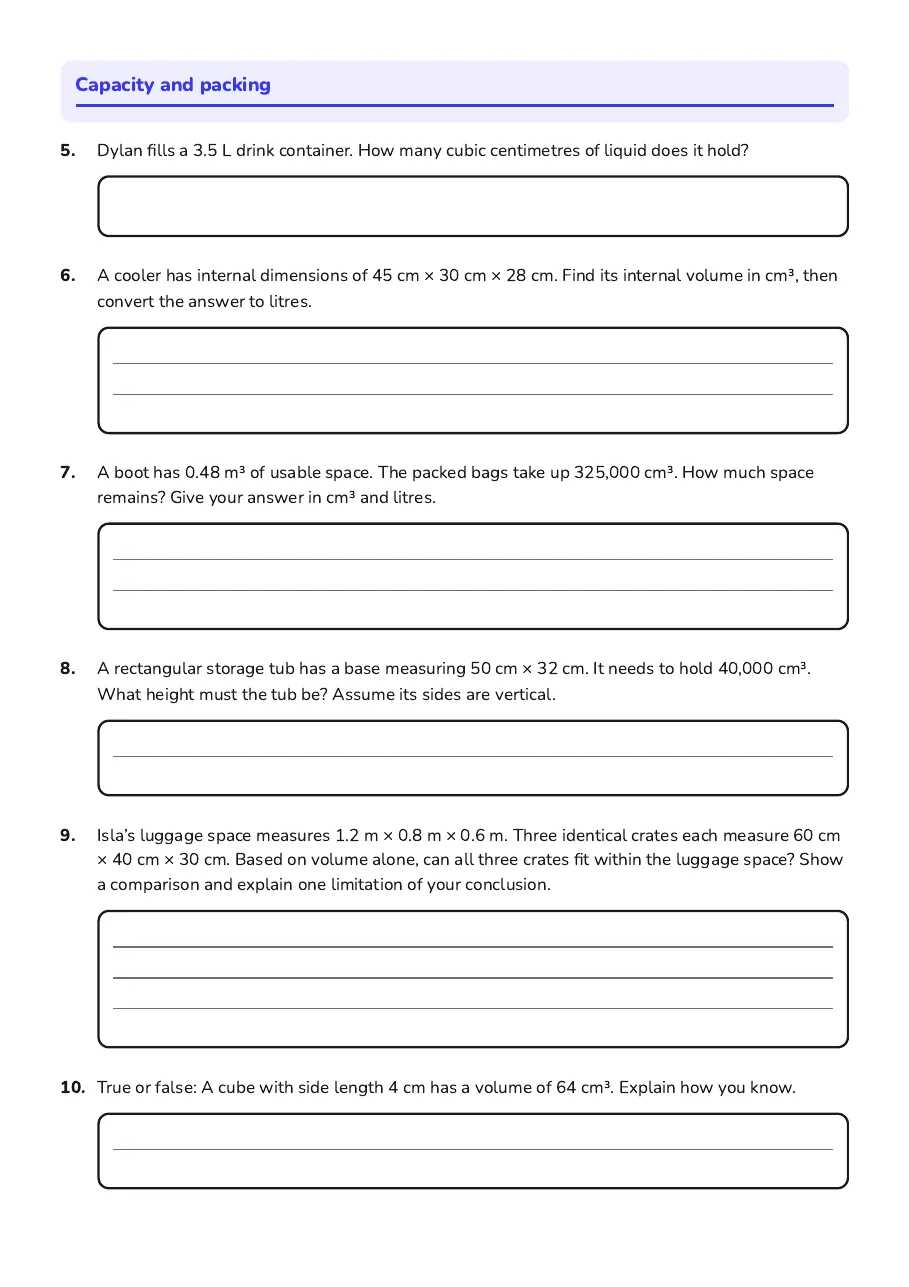 Volume Exploration Worksheet, page 2 of 2: Capacity and packing