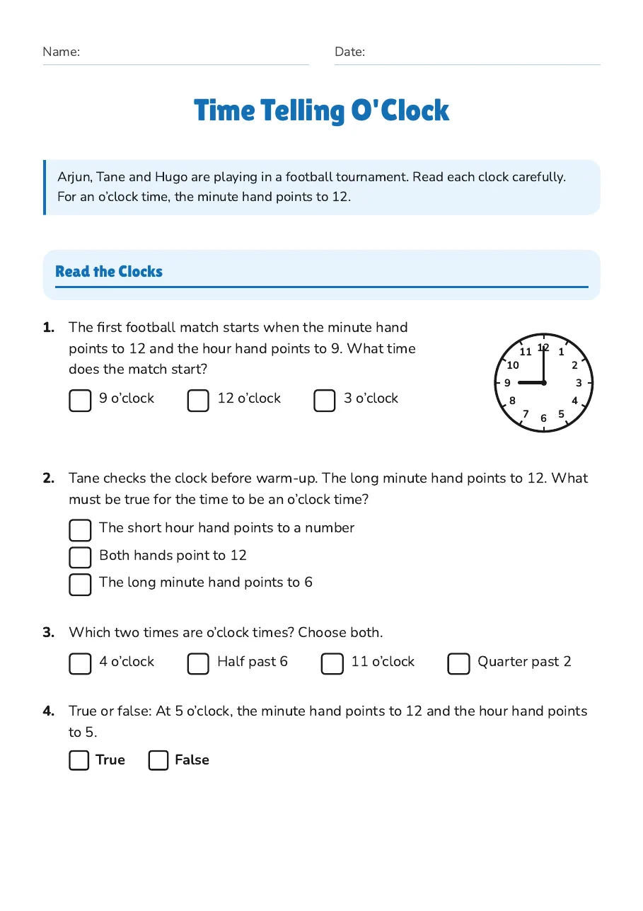 Time Telling O'Clock, page 1 of 3: Read the Clocks