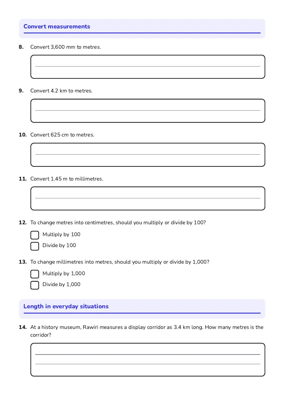 Metric Length Unit Conversions, page 2 of 4: Convert measurements, Length in everyday situations
