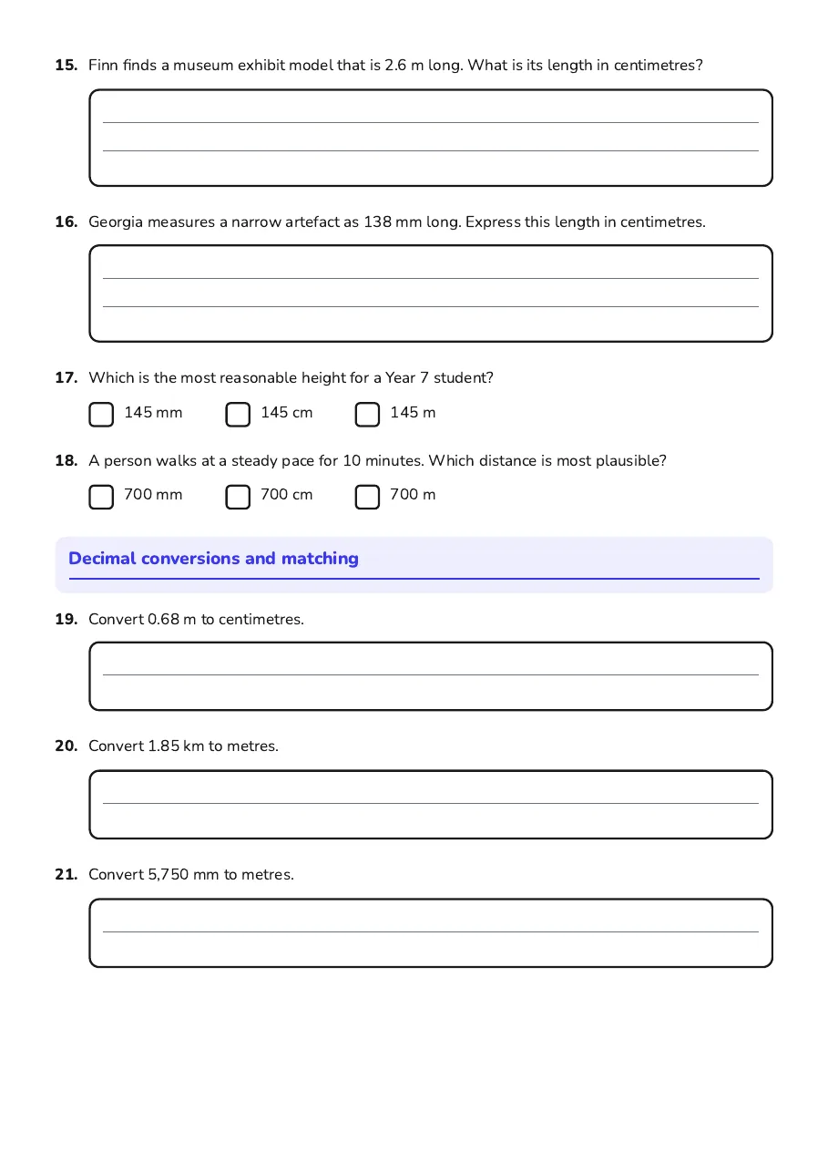 Metric Length Unit Conversions, page 3 of 4: Decimal conversions and matching