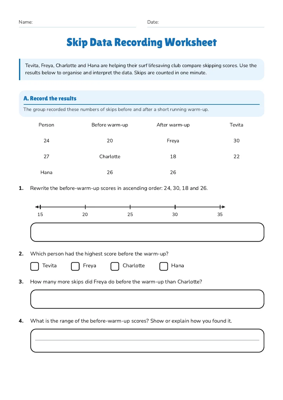 Skip Data Recording Worksheet, page 1 of 2: A. Record the results