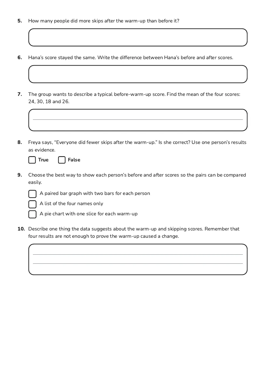 Skip Data Recording Worksheet, page 2 of 2: 5. How many people did more skips after the warm-up than before it?