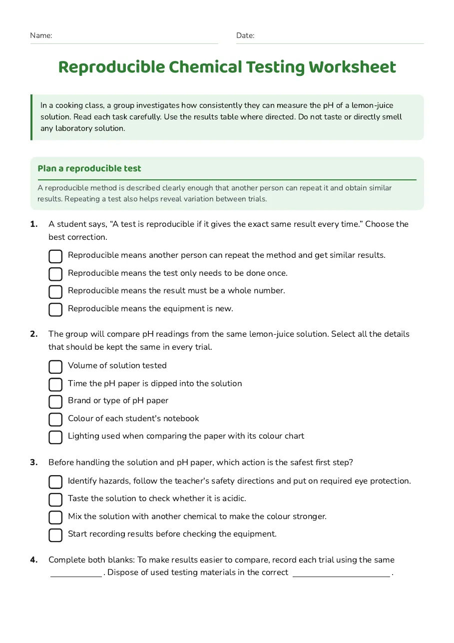 Reproducible Chemical Testing Worksheet, page 1 of 3: Plan a reproducible test