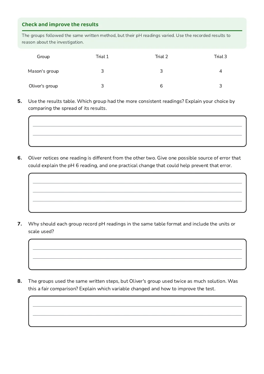 Reproducible Chemical Testing Worksheet, page 2 of 3: Check and improve the results