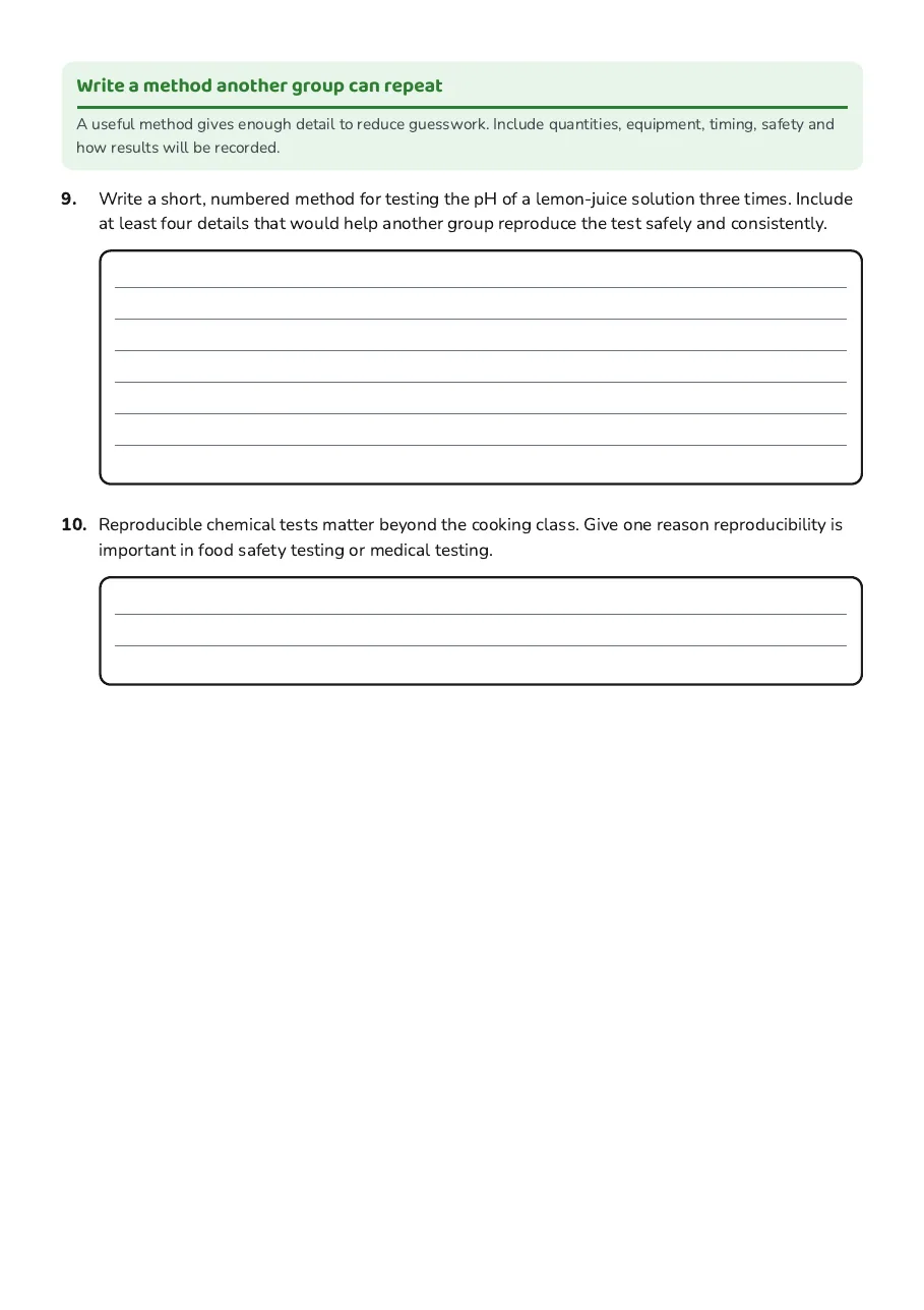 Reproducible Chemical Testing Worksheet, page 3 of 3: Write a method another group can repeat