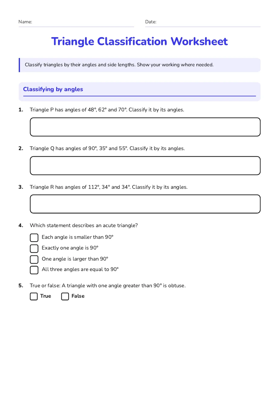 Triangle Classification Worksheet, page 1 of 4: Classifying by angles