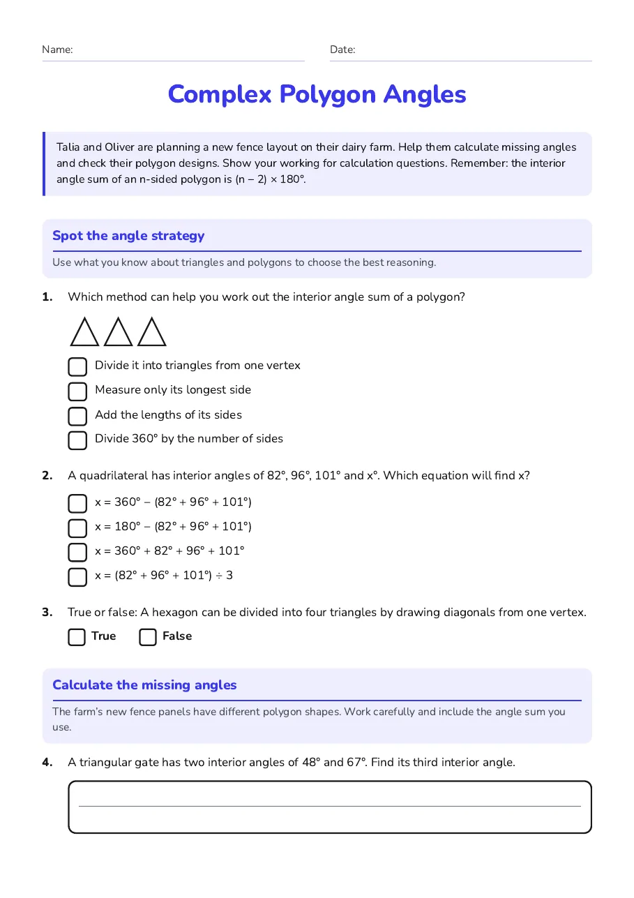 Complex Polygon Angles, page 1 of 3: Spot the angle strategy, Calculate the missing angles