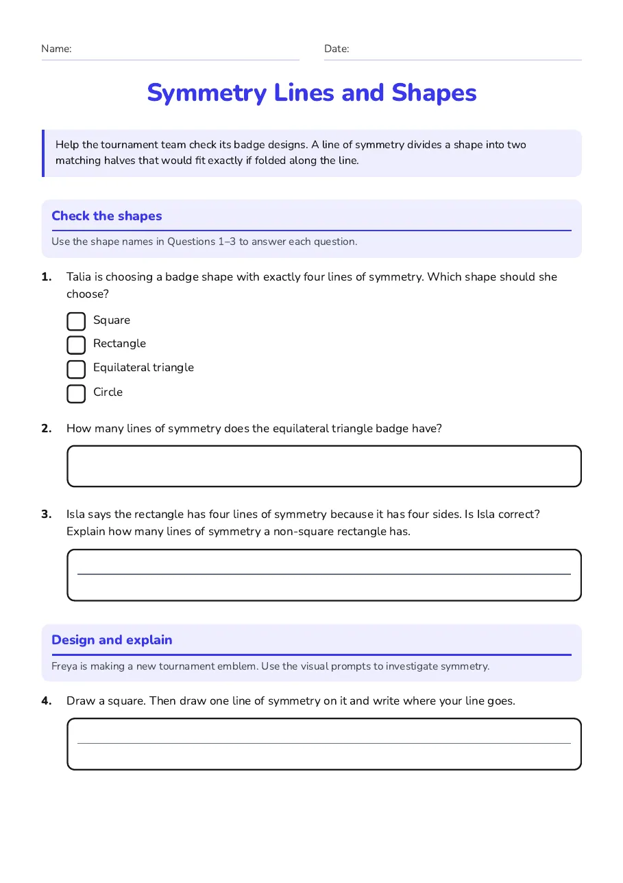 Symmetry Lines and Shapes, page 1 of 3: Check the shapes, Design and explain
