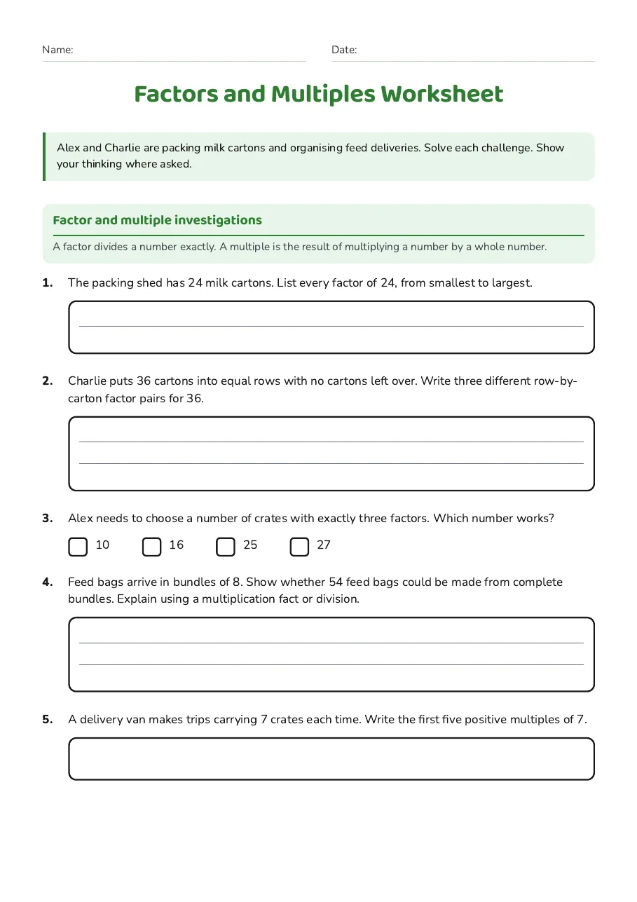 Factors and Multiples Worksheet, page 1 of 3: Factor and multiple investigations