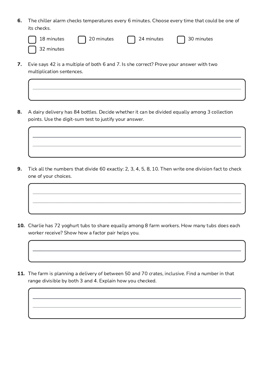 Factors and Multiples Worksheet, page 2 of 3: 6. The chiller alarm checks temperatures every 6 minutes. Choose every time that could be…