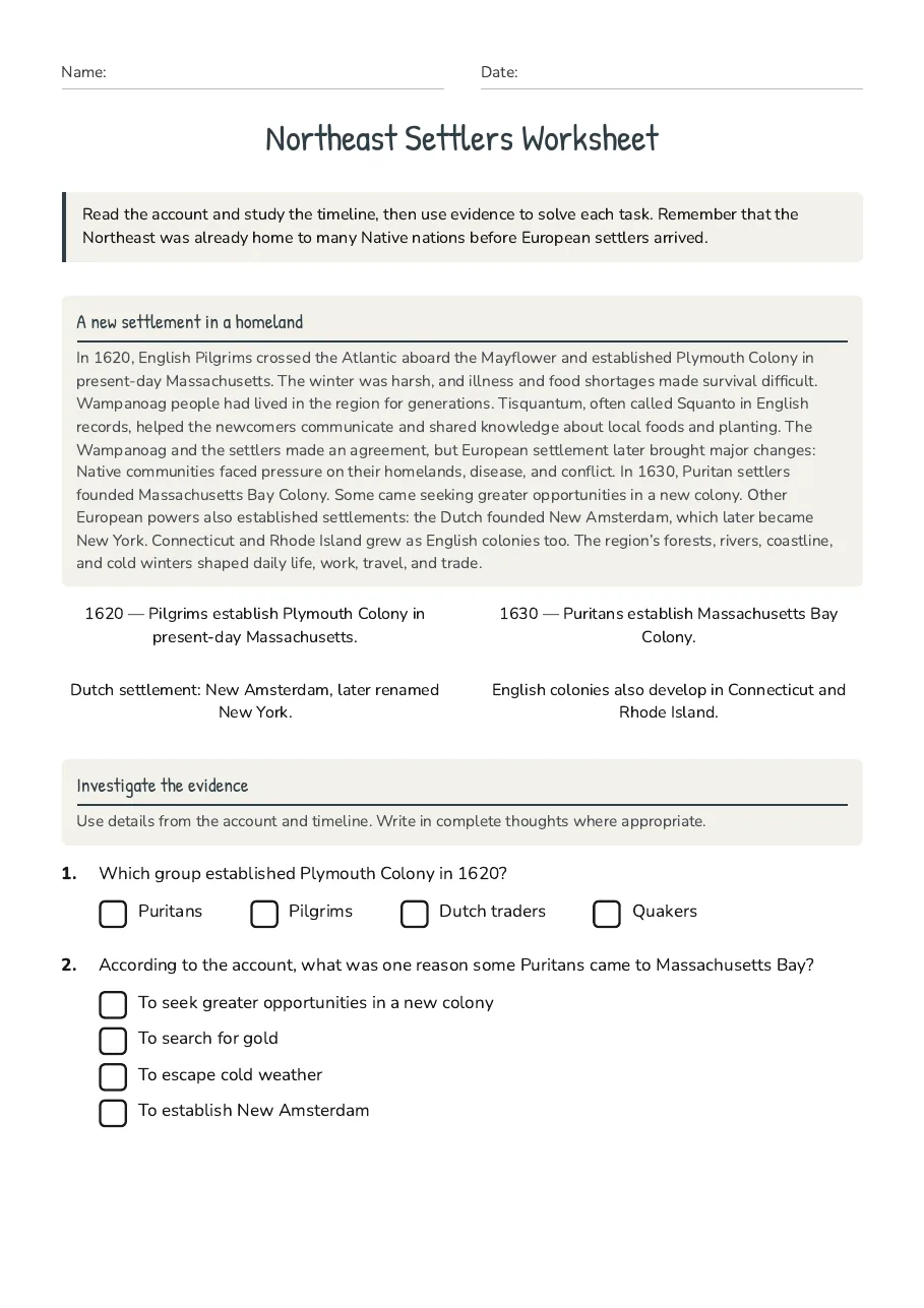 Northeast Settlers Worksheet, page 1 of 3: A new settlement in a homeland, Investigate the evidence