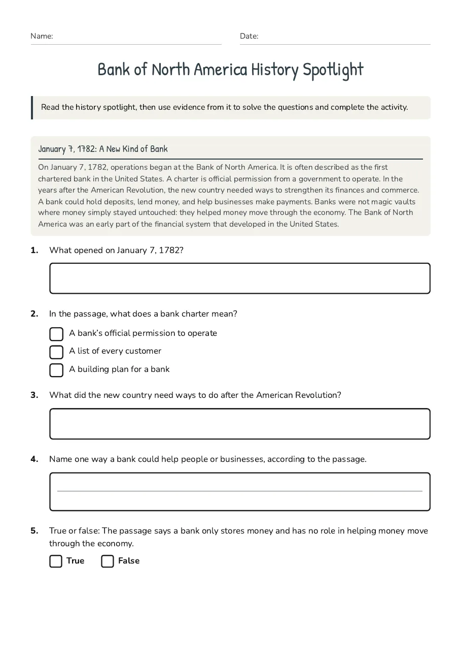 Bank of North America History Spotlight, page 1 of 2: January 7, 1782: A New Kind of Bank
