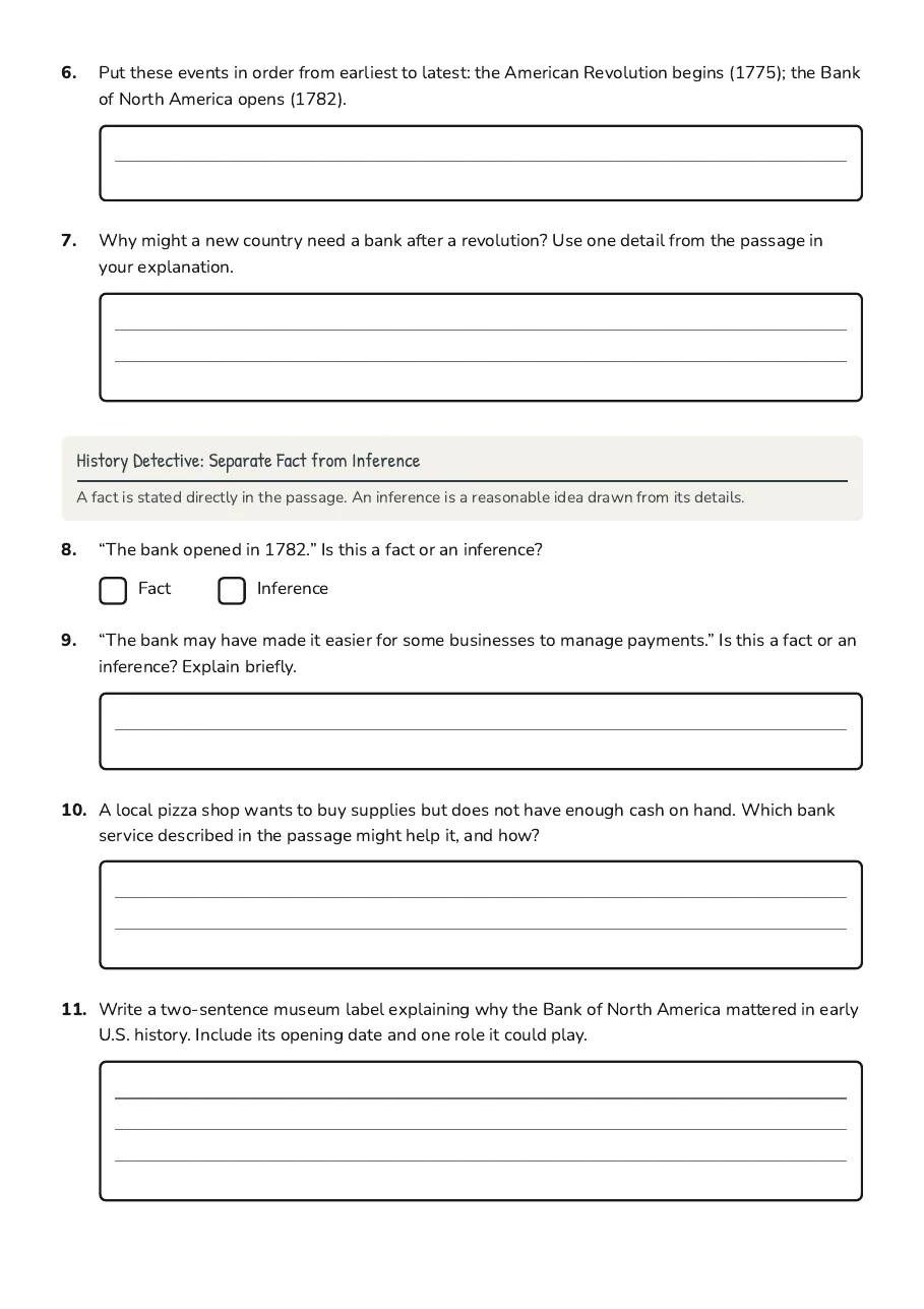 Bank of North America History Spotlight, page 2 of 2: History Detective: Separate Fact from Inference