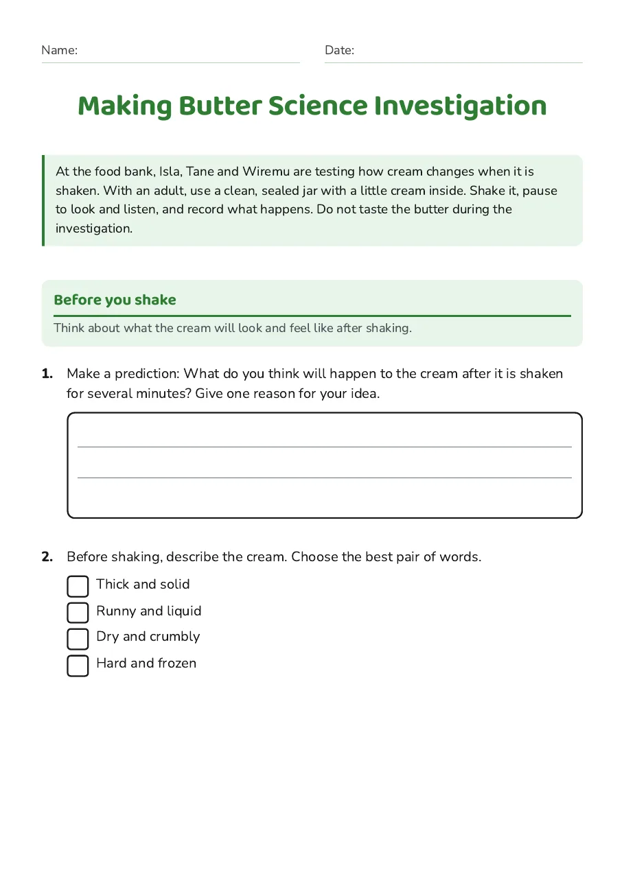 Making Butter Science Investigation, page 1 of 3: Before you shake