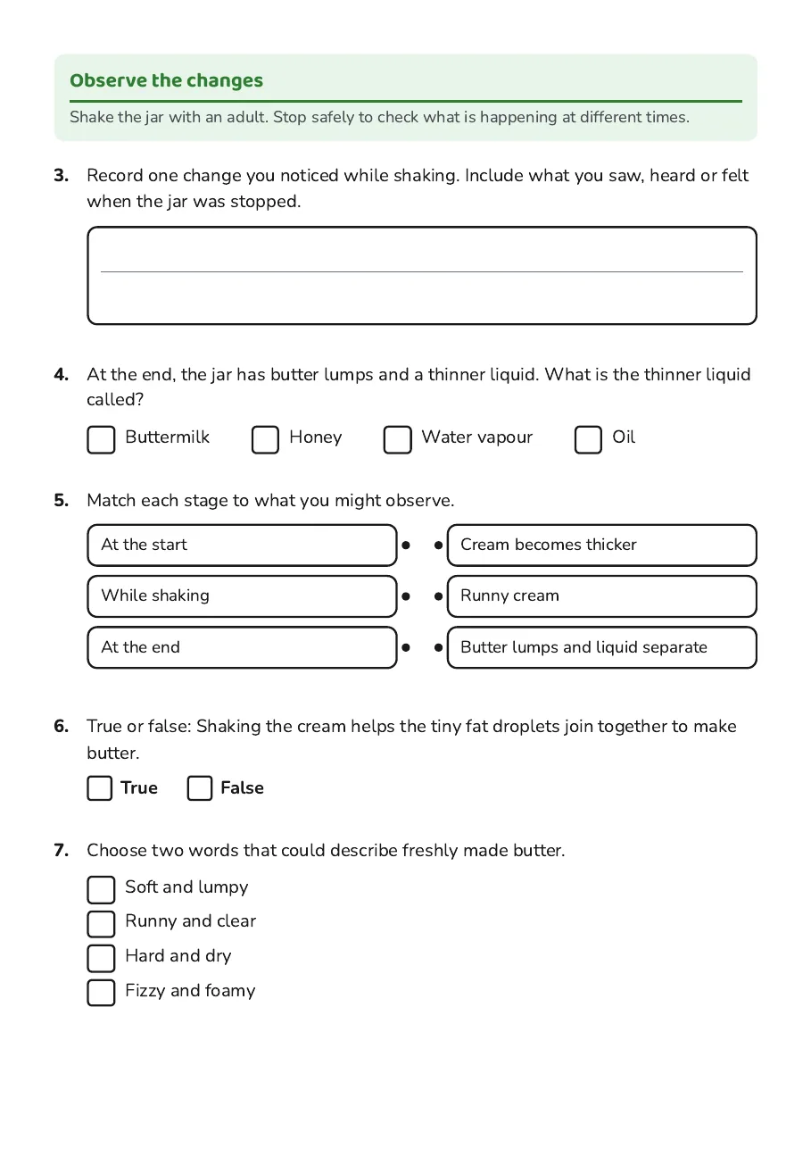 Making Butter Science Investigation, page 2 of 3: Observe the changes