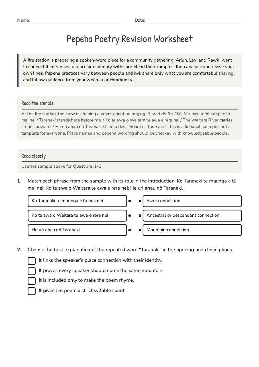 Pepeha Poetry Revision Worksheet, page 1 of 3: Read the sample, Read closely