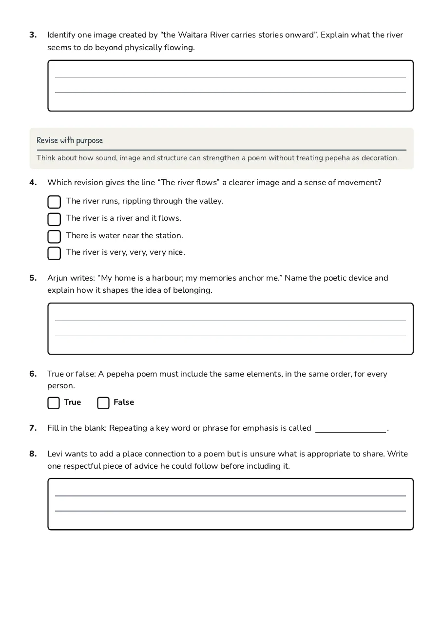 Pepeha Poetry Revision Worksheet, page 2 of 3: Revise with purpose