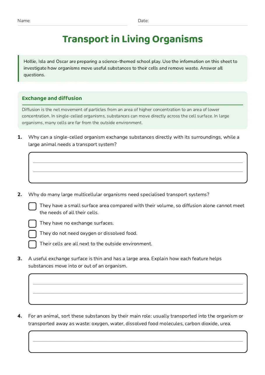 Transport in Living Organisms, page 1 of 2: Exchange and diffusion