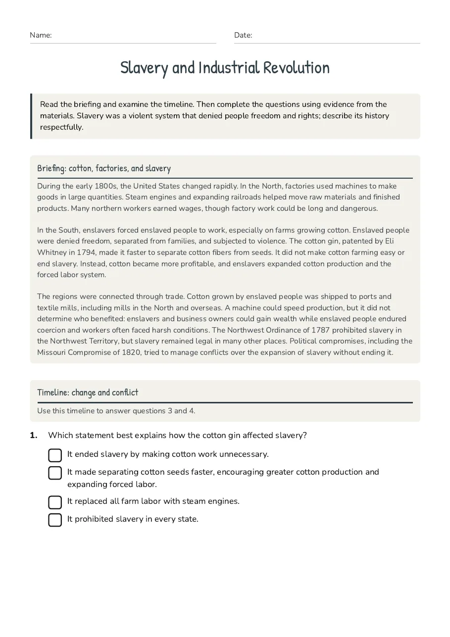 Slavery and Industrial Revolution, page 1 of 3: Briefing: cotton, factories, and slavery, Timeline: change and conflict