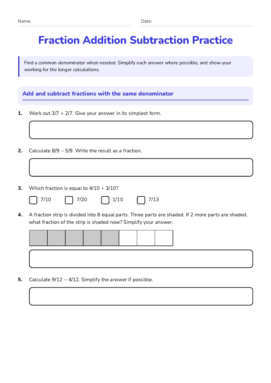 Fraction Addition Subtraction Practice, page 1 of 3: Add and subtract fractions with the same denominator