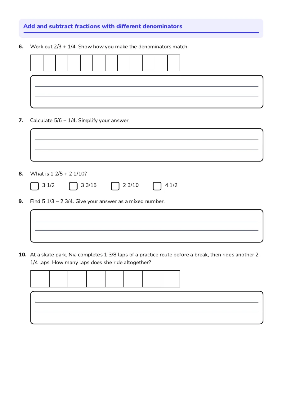 Fraction Addition Subtraction Practice, page 2 of 3: Add and subtract fractions with different denominators