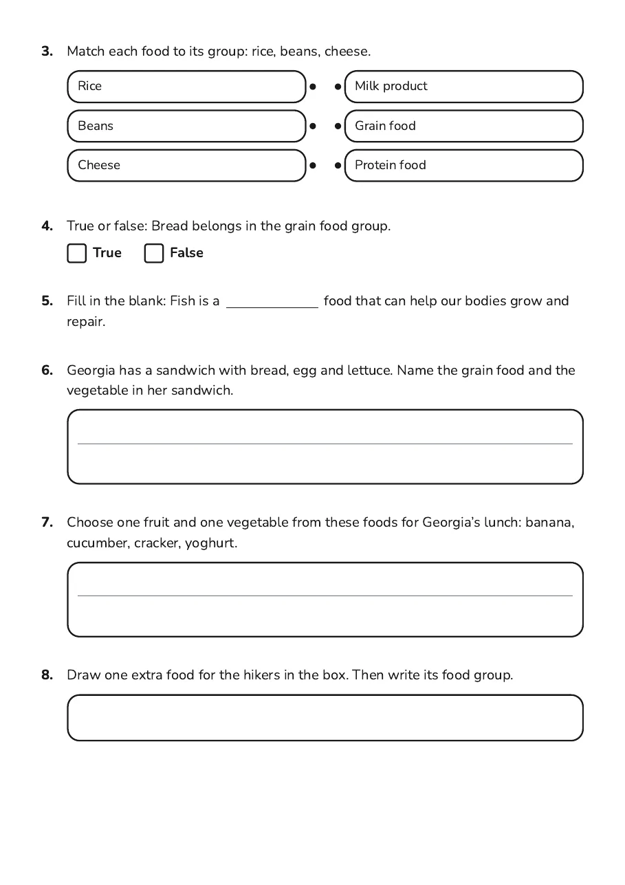 Food Groups Sorting Activity, page 2 of 3: 3. Match each food to its group: rice, beans, cheese.