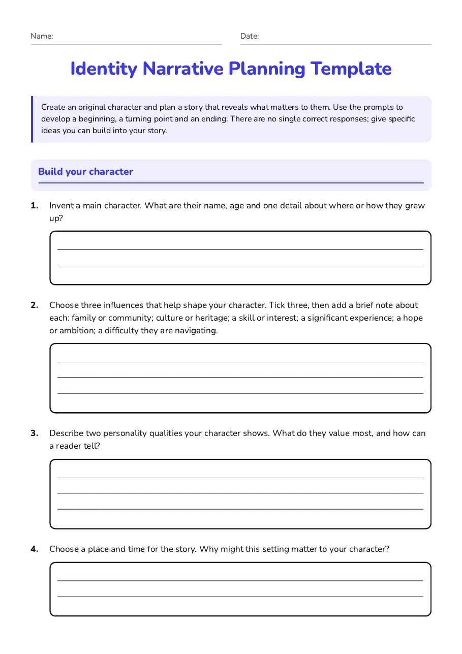 Identity Narrative Planning Template, page 1 of 3: Build your character