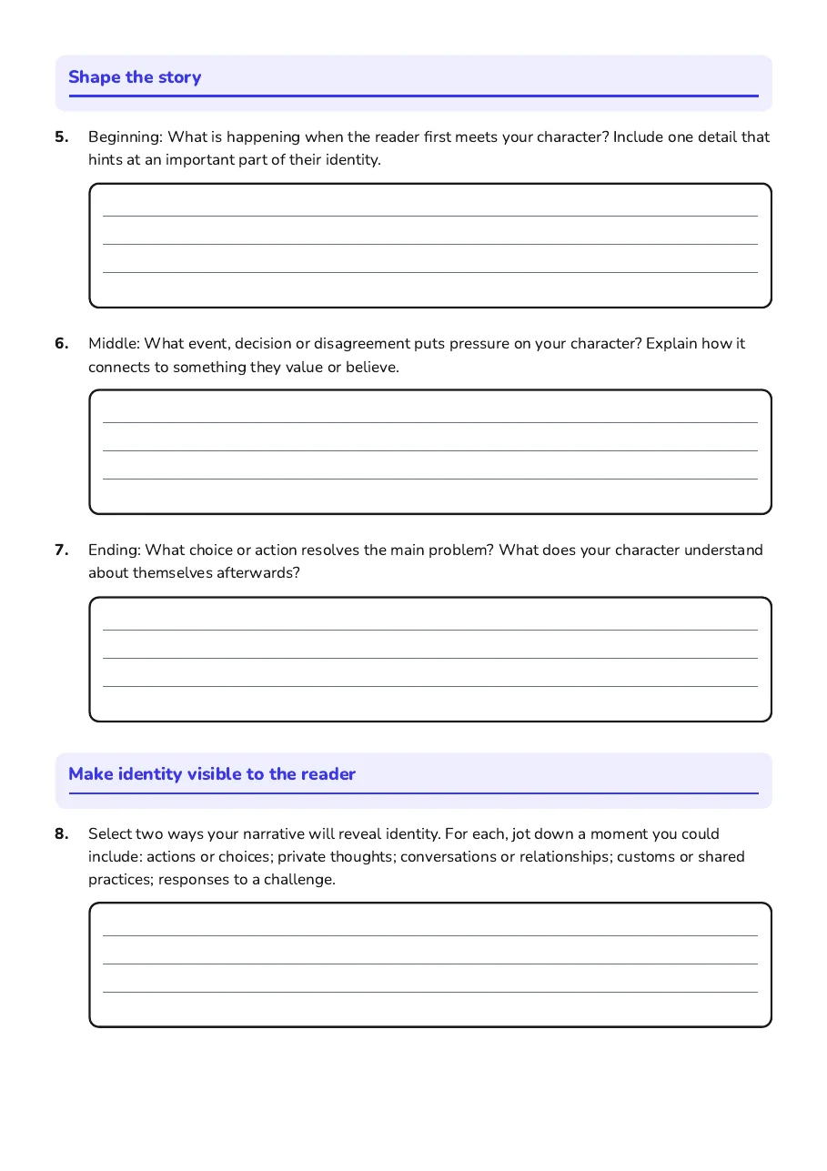 Identity Narrative Planning Template, page 2 of 3: Shape the story, Make identity visible to the reader