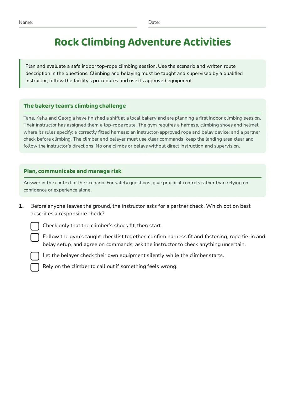 Rock Climbing Adventure Activities, page 1 of 4: The bakery team’s climbing challenge, Plan, communicate and manage risk