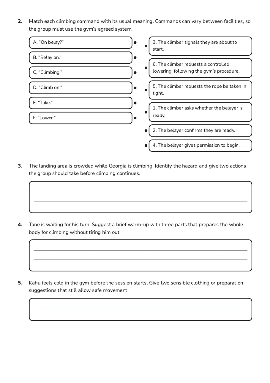 Rock Climbing Adventure Activities, page 2 of 4: 2. Match each climbing command with its usual meaning. Commands can vary between…