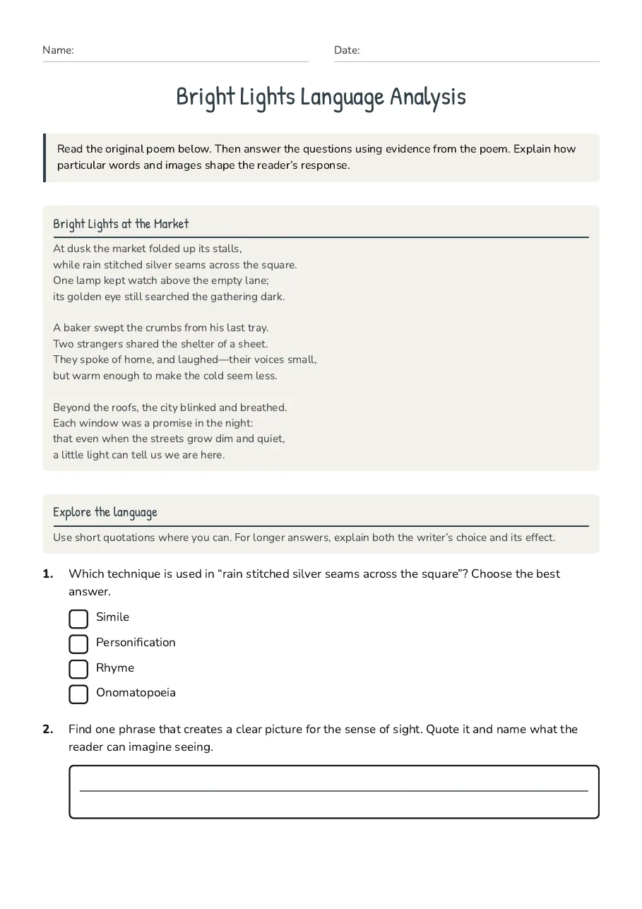 Bright Lights Language Analysis, page 1 of 3: Bright Lights at the Market, Explore the language